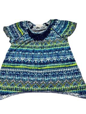 French Laundry Shirt XL Blue Yellow Green Tribal Short Sleeves Cotton Blend